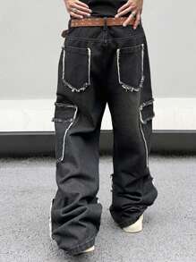 Manfinity Roghcode 男士时尚牛仔裤，带磨边和口袋设计，超大长款洗水工装牛仔裤，纯色深灰色，度假风，Y2K 男友礼物，男士宽松牛仔裤，男士嘻哈牛仔裤，男士黑色宽松牛仔裤，宽松牛仔裤街头潮流 - 黑色 - 查看 8