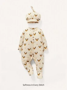 Cozy Pixies Baby Boy Cartoon Graphic Button Front Jumpsuit & Hat - Apricot - View 1