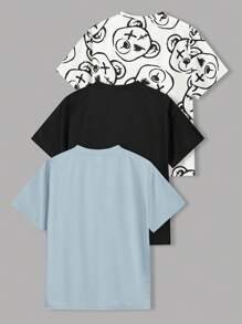 SHEIN Leap Crew 3 cái/bộ Cậu bé Tween Giải trí Hàn Quốc Phong cách In Gấu Vòng cổ Lỏng lẻo phù hợp Đan Ngắn tay Áo thun , 3 Màu sắc - Màu xanh nhạt - Xem 2