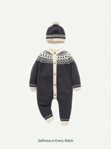 Đứa bé trai In Địa lý Nút Thông qua Đan Áo liền quần Với mũ - Nhiều màu - Xem 1