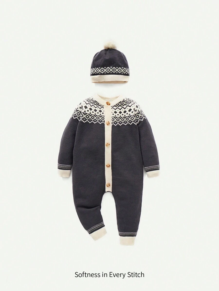 Đứa bé trai In Địa lý Nút Thông qua Đan Áo liền quần Với mũ - Nhiều màu - Xem 1