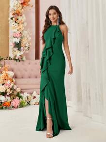 SHEIN Belle Váy dạ hội nữ có bèo nhún phóng đại, thiết kế đuôi cá và xẻ tà phía trước, váy dạ hội trang trọng cho nữ, váy dự tiệc cưới thanh lịch, váy tốt nghiệp, váy dự tiệc tối - Màu xanh lá cây đậm - Xem 6