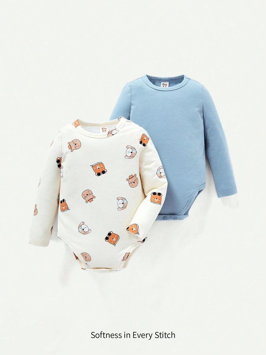 Cozy Pixies Đứa bé trai 2 Miếng Đồ họa Hoạt hình Áo liền quần chặt - Màu xanh bụi bặm - Xem 1