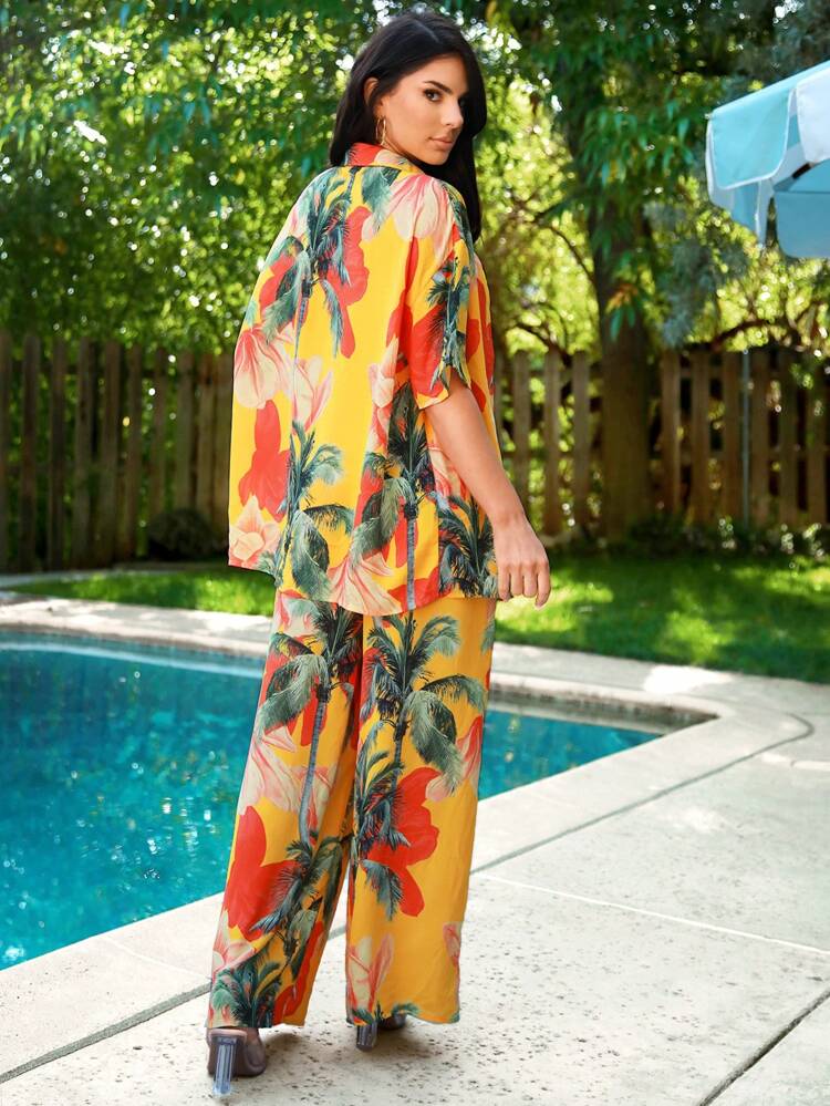 Summer Vacation Floral Print Chiffon Short Sleeve Shirt & Wide Leg Loose Fit Pants & Knit White Vest 3pcs/Set Women Two Pieces