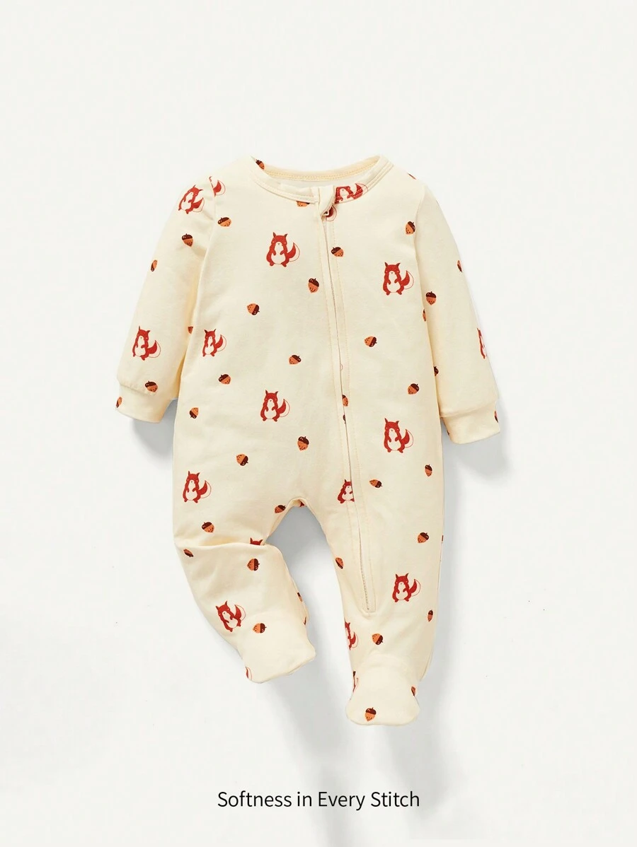 Cozy Pixies Baby Boy Squirrel Graphic Zip Up Jumpsuit - White - View 1
