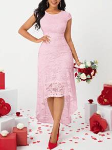 SHEIN Lady Vestido rosado de encaje de manga corta de moda para damas, vestido para invitada de boda - Rosa vieja - Ver 5