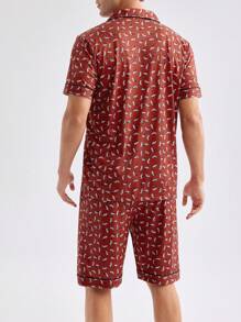 Ensemble de pyjama pour hommes à manches courtes imprimé décontracté comprenant un short, vêtements d'intérieur - Rouge - Voir 2