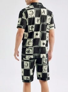Men's Checkered Pattern Letter Print Short Sleeve Shirt And Shorts Homewear Set - Black - View 2