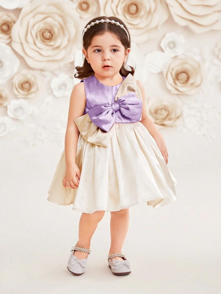 Baby Girl's Elegant Sleeveless Satin Color Block Dress With Bowknot Detail For Summer