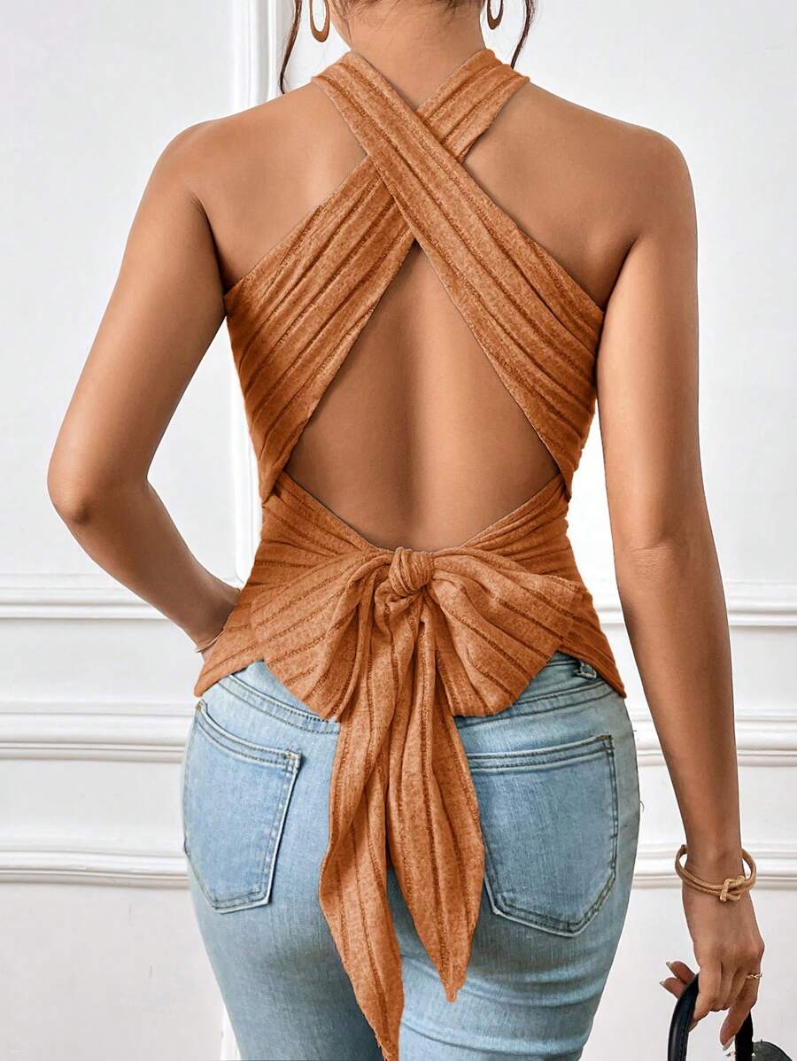SHEIN Essnce Của phụ nữ Màu thuần Dây Không lưng Áo ba lỗ Áo Với Dây đeo vai Cho mùa hè - Màu Cam san hô - Xem 1