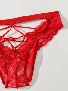SHEIN Red Contrast Lace Criss Cross Cut Out Thong For Women Fantasy Elegant Lingerie