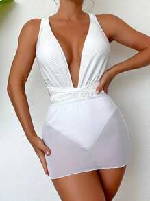 SHEIN Swim Women's Fashionable Solid Deep V-Neck One-Piece Swimsuit Summer