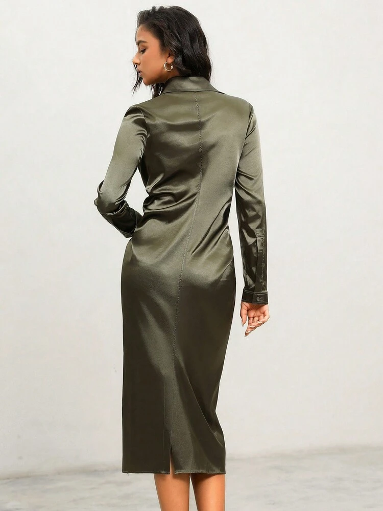 Women Dark Green Drawstring Pleated Waist Commute Elegant Shirt Long Sleeve Dress