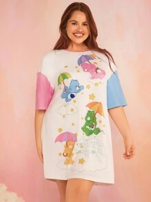 SHEIN X Care Bears 加大码夏季宽松睡裙，彩色星星、小熊和梦幻印花图案，宽肩带，活力粉蓝撞色 - 彩色 - 查看 8