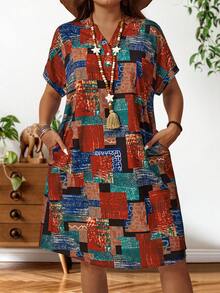 EMERY ROSE Kích thước lớn Mùa hè Vá lại In hoa Cổ chữ V Ngắn tay Đầm Với Khe - Nhiều màu - Xem 5