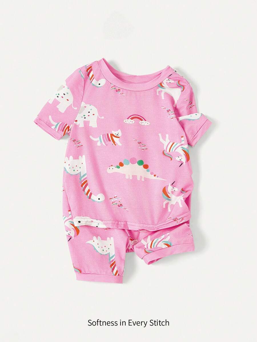Cozy Pixies Baby Girl Snug Fit Pajama Set, Cartoon Animal Print Short Sleeve Top And Casual Shorts, 2pcs Matching Set - Purple - View 1