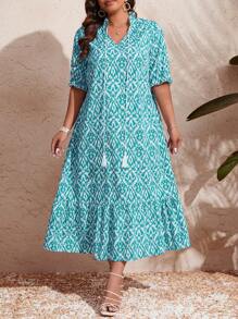 SHEIN Clasi Váy cổ buộc tua rua họa tiết hoa phong cách ngày lễ mùa hè Boho cỡ lớn cho nữ - Màu xanh lam - Xem 5