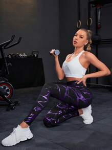 Powerista Women Sports Pants Yoga Pants With Butt Lifting Design, Slim Fit High Waist Yoga Pants With Gold Foil Print - Purple - View 4