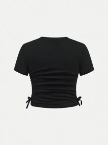 SHEIN Conjunto De 3 Camisetas De Punto Sólido Con Cuello Redondo Y Manga Corta Casual Fruncido Para Niñas Jóvenes