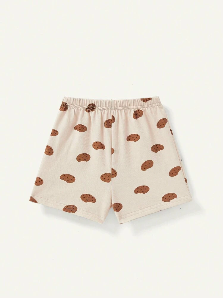 Baby Boy'S Casual Cookie Pattern Round Neck Short Sleeve Top And Shorts 2Pcs Outfit Matching Sets