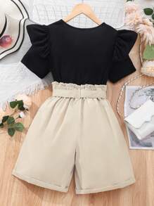 Teen Girls' Solid Color Ruffled Hem Top And Shorts Set