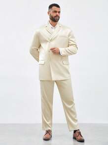 Manfinity VCAY Men's Casual Solid Color Two Pieces Suit With Long Sleeve Single Breasted Suit Jacket And Suit Pants (Plus Size) - Champagne - View 1