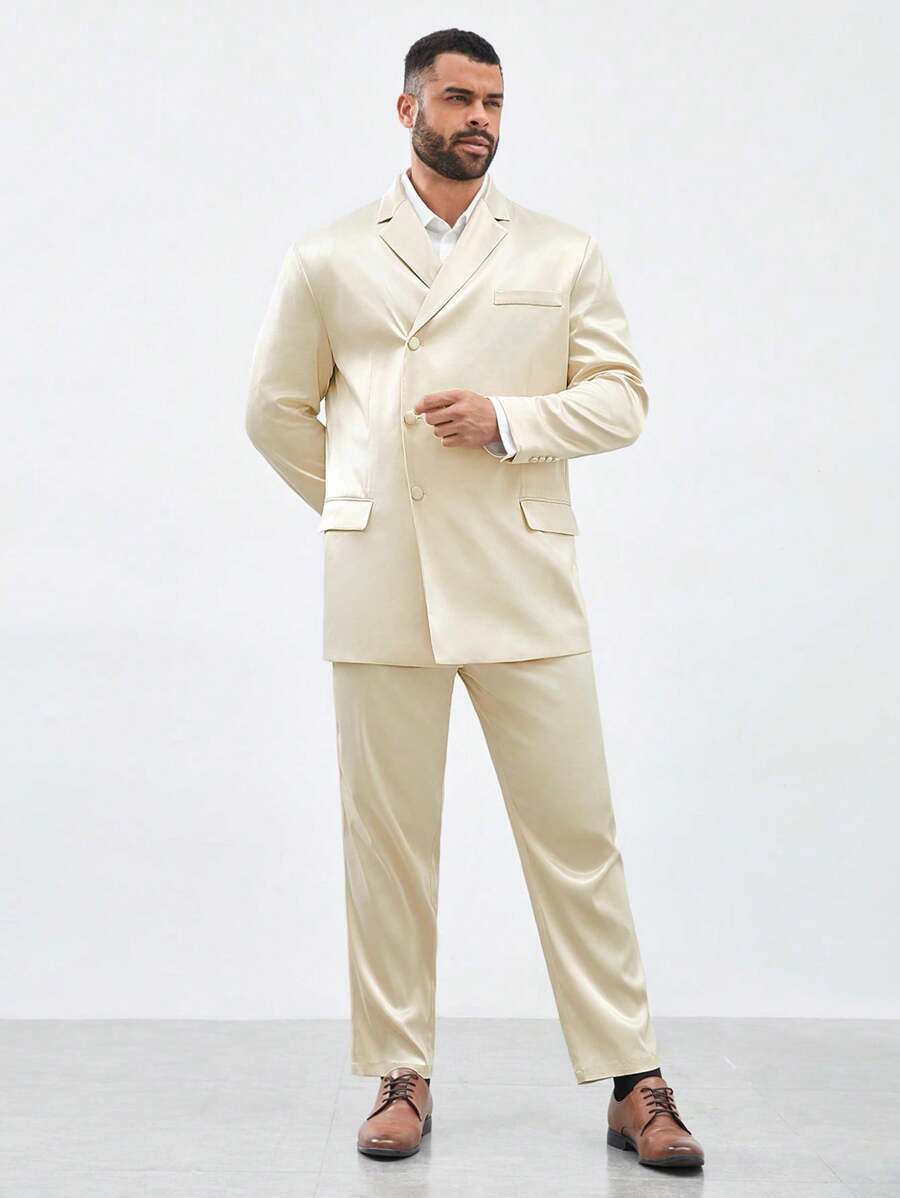 Manfinity VCAY Men's Casual Solid Color Two Pieces Suit With Long Sleeve Single Breasted Suit Jacket And Suit Pants (Plus Size) - Champagne - View 1