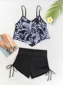 SHEIN Swim Conjunto Tankini de verano con parte superior tipo cami con dobladillo Hanky y estampado de plantas al azar y short de baño lateral con cordón para la playa
