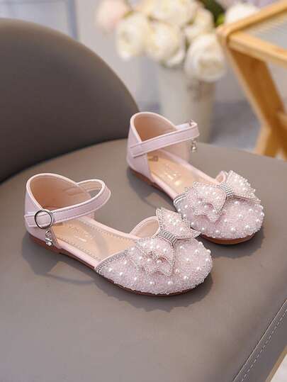 Children Flat Sandals Girls Princess Sandals Rhinestone Bowknot Pearl Decoration Fashionable Closed Toe Sandals
