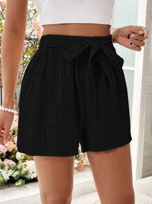 Chiquease Women's Solid Color Simple Belted Decor Shorts