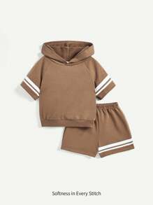 Bộ áo nỉ có mũ trùm đầu bằng tay Raglan mềm mại dệt kim dành cho bé trai và quần short thường ngày - Màu Khaki - Xem 1