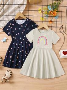 SHEIN 年轻女孩2件装休闲多色彩虹爱心短袖连衣裙夏季 - 彩色 - 查看 3