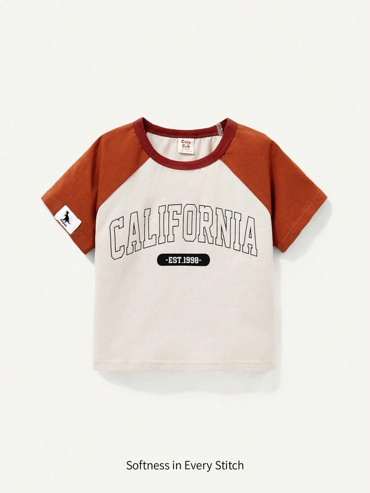 Baby Boy Letter Print Color Block Round Neck Raglan Short Sleeve T-Shirt