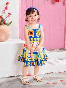 SHEIN Baby Girl Parent-Child Vacation Floral Geometric Pattern Cami Top Elastic Waist Skirt Suit Suitable For Summer