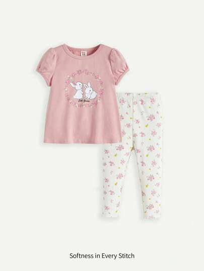 Cozy Pixies Baby Girl Cartoon Animal Printed Puff Sleeve Round Neck Top & Ditsy Floral Pants Set