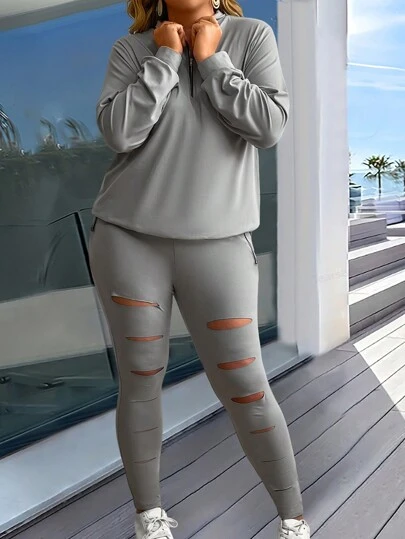 SHEIN LUNE Plus Size Women's Spring Autumn Zipper Half Placket Long Sleeve Hoodie And Ripped Jeans Casual Outfits Fall Cloth For Women