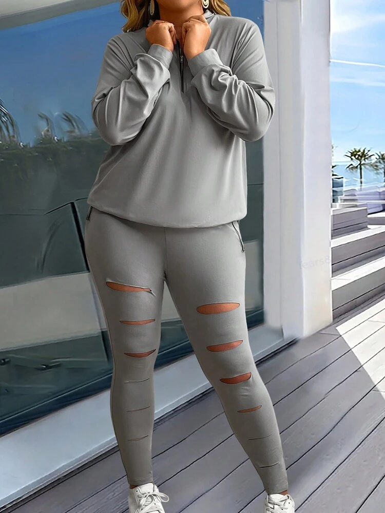 Plus Size Women's Spring Autumn Zipper Half Placket Long Sleeve Hoodie And Ripped Jeans Casual Outfits Fall Cloth For Women
