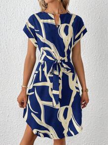 SHEIN Privé Women's Notched Collar Printed Belted Casual Dress For Spring/Summer