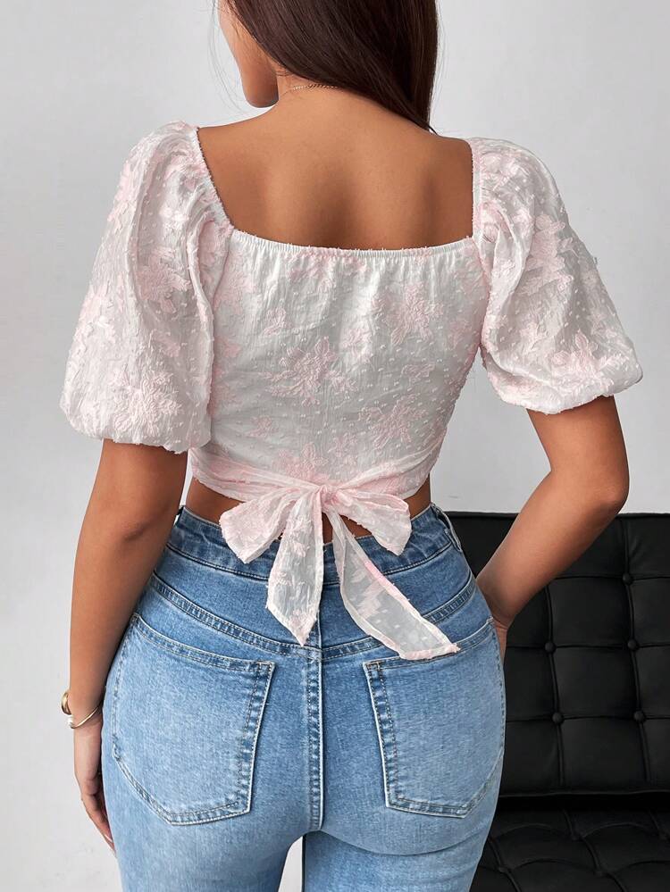 Women's Summer Short Bubble Sleeve Lace Trim Cross Tie Bowknot Shirt