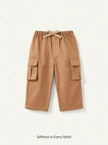 Cozy Pixies Baby Boy Casual Decorative Woven Belt Side Pockets Solid Color Cargo Pants - Camel - View 1