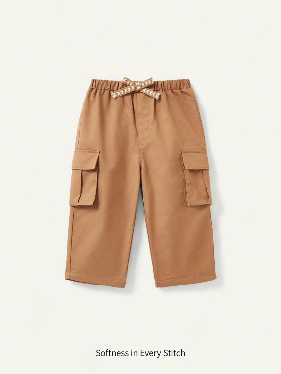 Cozy Pixies Baby Boy Casual Decorative Woven Belt Side Pockets Solid Color Cargo Pants - Camel - View 1