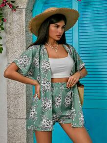 RueChic Summer Casual Vacation Front Open Jacket And Shorts Set - Black - View 4