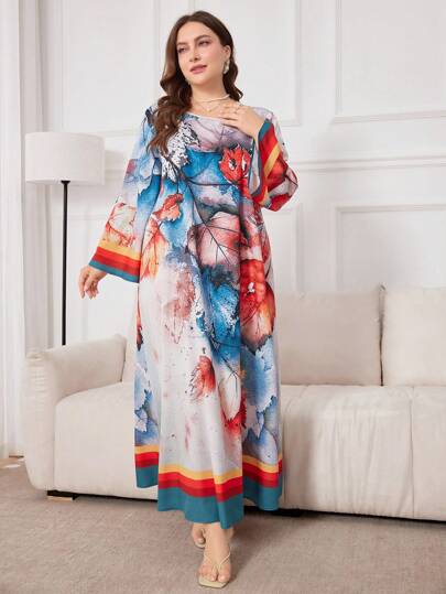 Al Najma Plus Size Spring Casual Bell Sleeve Tie Dye Dress, Floral Homewear Jalabiya, Casual Long Sleeve Dress