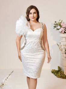 SHEIN Belle Plus Size Elegant Cocktail Party Dress, Lace Patchwork, 3d Floral Applique, Ribbon Tie Waist, Short Length - White - View 3