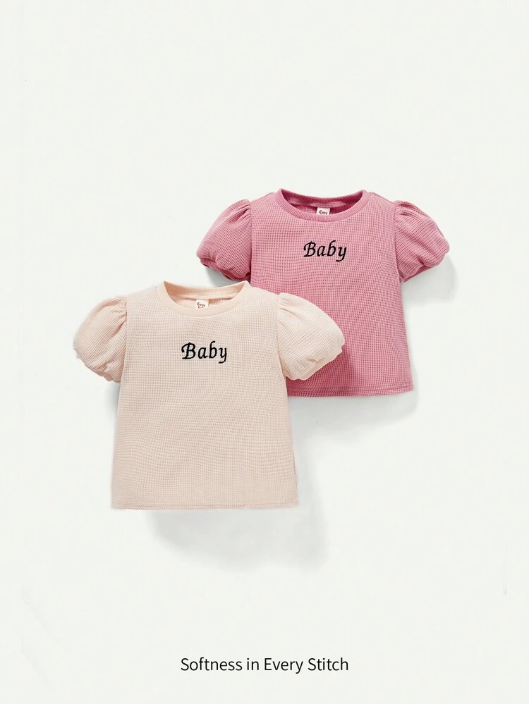 Baby Girl Short Sleeve T-Shirt Set With Bubble Sleeves, Round Neckline And Embroidered Letters