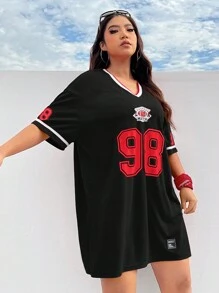 SHEIN EZwear Váy áo phông dáng rộng thông thường mùa hè cỡ lớn có in khối màu & số, dành cho nữ - màu đen - Xem 4