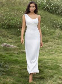 Anewsta Solid Color Patchwork Lace Asymmetrical Shoulder Sleeveless Bodycon Elegant Dress For Women With Hip Package - White - View 6