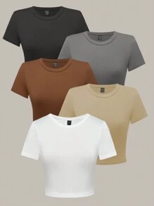 SHEIN Unity 女士夏季純色圓領短袖休閒t恤 - 彩色 - 查看 3