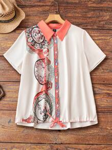 SHEIN LUNE Plus Size Women's Summer Floral Print Short-Sleeve Casual Shirt