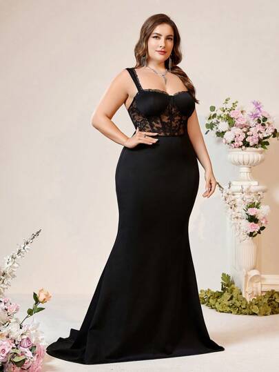 SHEIN Belle Plus Size Women's Sexy Lace & Waist-Tightening Black Fish Tail Evening Party Dress With Spaghetti Strap